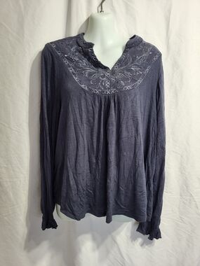 Democracy Slate Blue Embroidered Long-Sleeve Peasant Top, Size Large